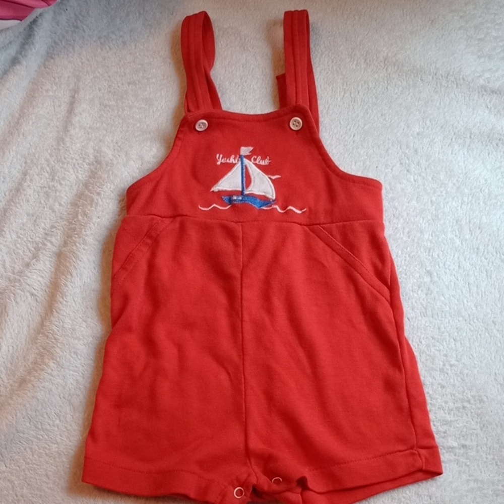 Vintage 80s Kids Red Sailboat Overalls Boys Girls Toddler Outfit